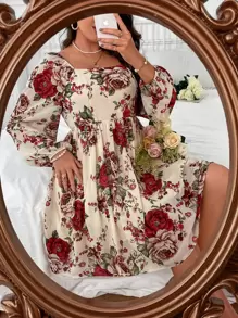 Breezaya Plus Floral Print Square Neck Lantern Sleeve Dress - Multicolor - View 5