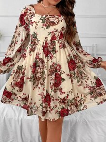 Breezaya Plus Floral Print Square Neck Lantern Sleeve Dress - Multicolor - View 6