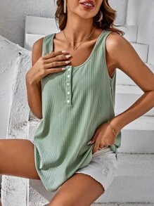 SHEIN Maternity Half Button Ribbed Knit Tank Top - Mint Green - View 1