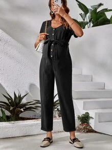 SHEIN Maternity Button Front Belted Jumpsuit - Black - View 1