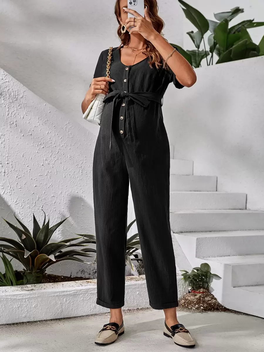 SHEIN Maternity Button Front Belted Jumpsuit - Black - View 1
