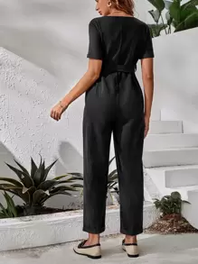 SHEIN Maternity Button Front Belted Jumpsuit - Black - View 2