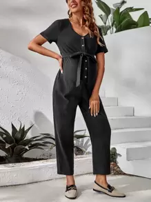 SHEIN Maternity Button Front Belted Jumpsuit - Black - View 5