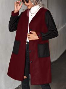 SHEIN LUNE Two Tone Dual Pocket Hooded Overcoat - Burgundy - View 1