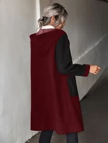 SHEIN LUNE Two Tone Dual Pocket Hooded Overcoat - Burgundy - View 2