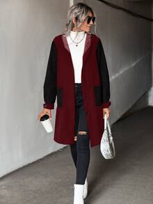 SHEIN LUNE Two Tone Dual Pocket Hooded Overcoat - Burgundy - View 3
