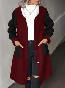 SHEIN LUNE Two Tone Dual Pocket Hooded Overcoat - Burgundy - View 4