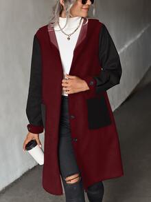 SHEIN LUNE Two Tone Dual Pocket Hooded Overcoat - Burgundy - View 5
