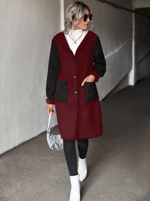 SHEIN LUNE Two Tone Dual Pocket Hooded Overcoat - Burgundy - View 6