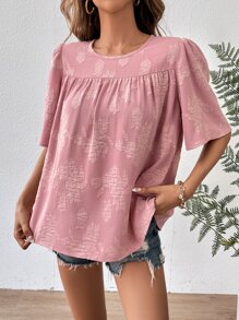 SHEIN LUNE Floral Jacquard Puff Sleeve Keyhole Back Blouse - Dusty Pink - View 3
