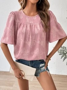 SHEIN LUNE Floral Jacquard Puff Sleeve Keyhole Back Blouse - Dusty Pink - View 6