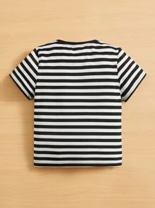 SHEIN Young Boy Striped & Letter Patched Tee - Black and White - View 2