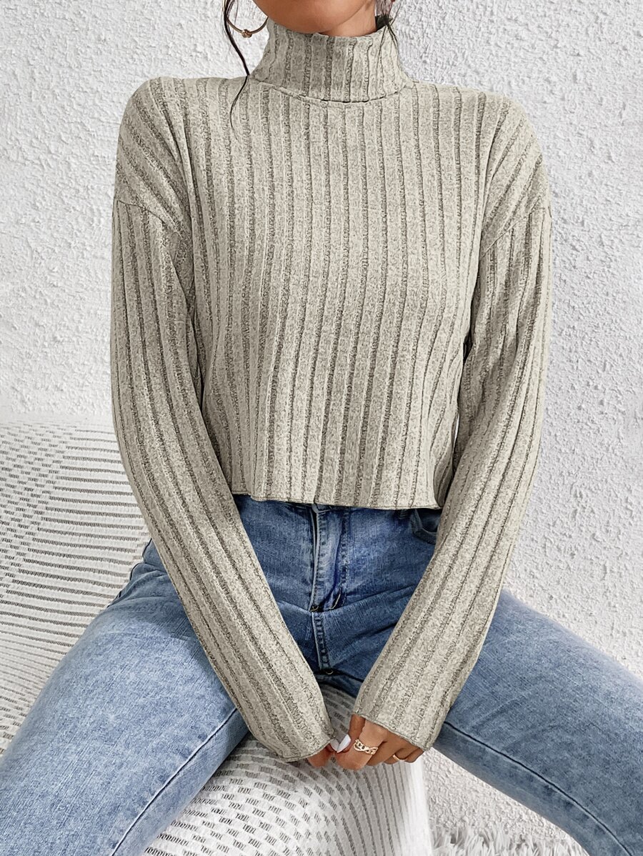 SHEIN Frenchy High Neck Drop Shoulder Crop Tee - Apricot - View 1