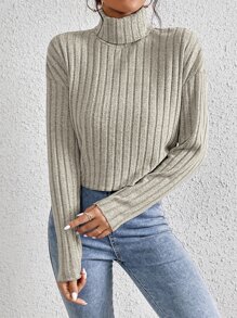 SHEIN Frenchy High Neck Drop Shoulder Crop Tee - Apricot - View 5