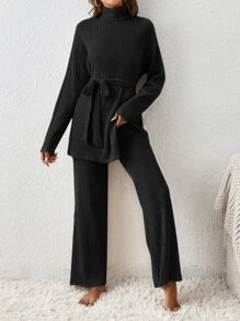 SHEIN Essnce Turtleneck Drop Shoulder Belted Split Hem Tee & Pants - Black - View 4