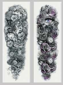 紋身貼紙套件，2 張花卉和老虎圖案臨時紋身男士，紋身貼紙成人，逼真紋身花卉，老虎，適合女士和女孩 - 彩色 - 查看 1