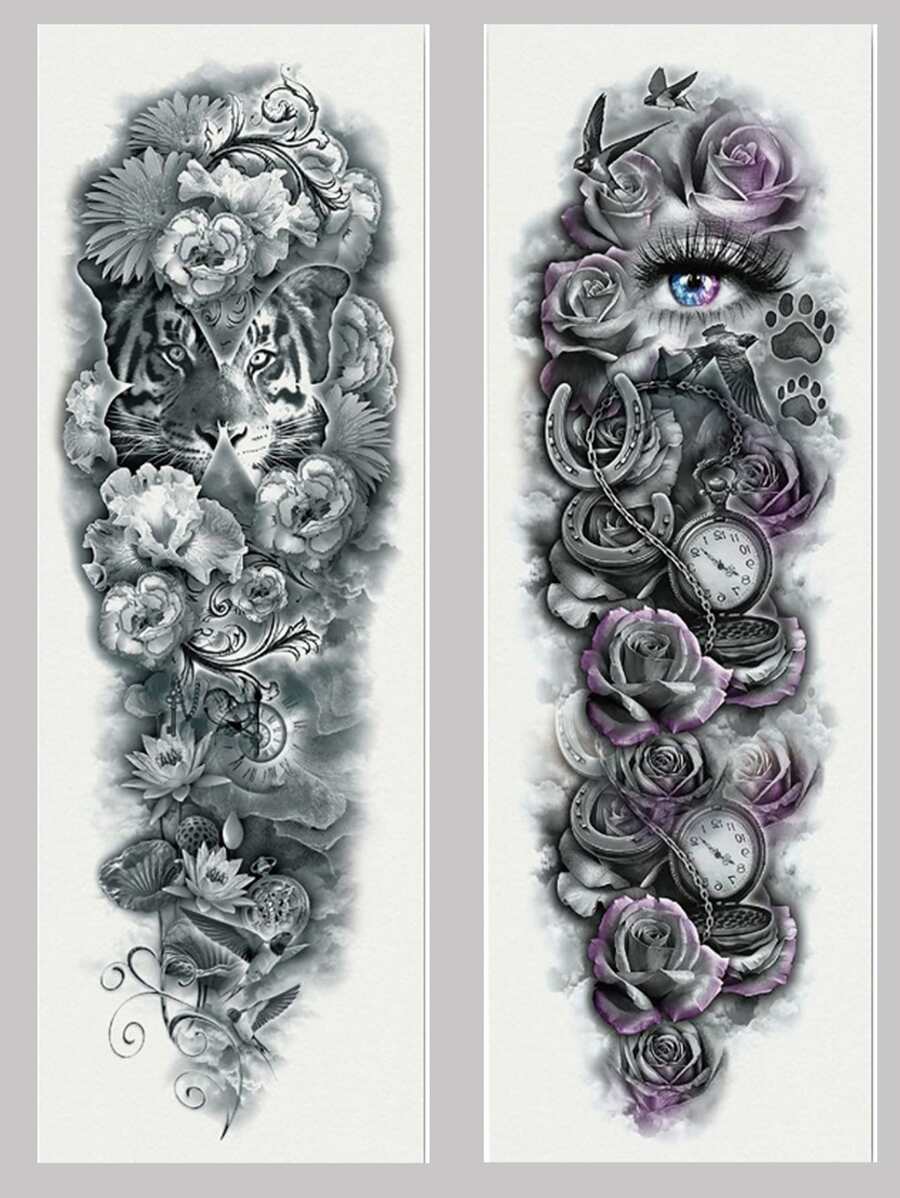 紋身貼紙套件，2 張花卉和老虎圖案臨時紋身男士，紋身貼紙成人，逼真紋身花卉，老虎，適合女士和女孩 - 彩色 - 查看 1