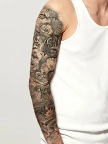 紋身貼紙套件，2 張花卉和老虎圖案臨時紋身男士，紋身貼紙成人，逼真紋身花卉，老虎，適合女士和女孩 - 彩色 - 查看 2