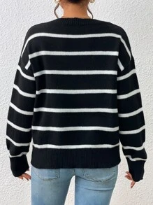 SHEIN Frenchy Striped Pattern Drop Shoulder Jumper - Black - View 2