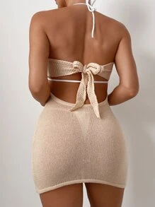 SHEIN Plain Ruched Bust Cover Up Dress - Apricot - View 2