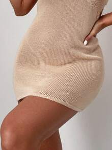 SHEIN Plain Ruched Bust Cover Up Dress - Apricot - View 3