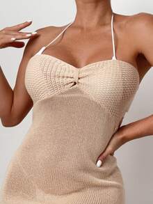 SHEIN Plain Ruched Bust Cover Up Dress - Apricot - View 4