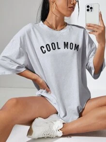 SHEIN EZwear Camiseta amplia con estampado de letra de hombros caídos - Gris - Ver 5