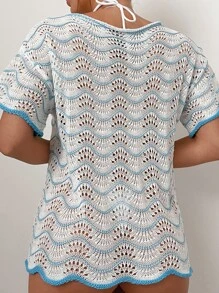 SHEIN 鏤空貝殼邊鏤空針織罩衫 - 白色 - 查看 2