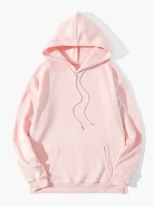 SHEIN EZwear Slogan Graphic Kangaroo Pocket Drawstring Thermal Hoodie - Baby Pink - View 2