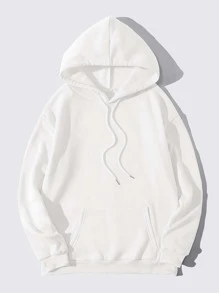 SHEIN EZwear Slogan Graphic Kangaroo Pocket Drawstring Thermal Hoodie - White - View 2