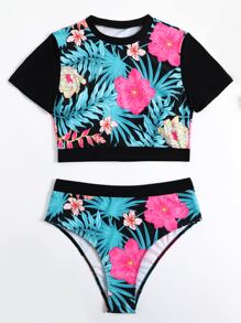 Floral Print High Waisted Bikini Set Summer Beach - Multicolor - View 5