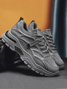 Men Letter Patch Decor Lace-Up Front Chunky Sneakers, Grey Letter Detail Chunky Sneakers