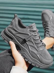 Men Letter Patch Decor Lace-Up Front Chunky Sneakers, Grey Letter Detail Chunky Sneakers