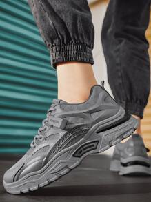 Men Letter Patch Decor Lace-Up Front Chunky Sneakers, Grey Letter Detail Chunky Sneakers