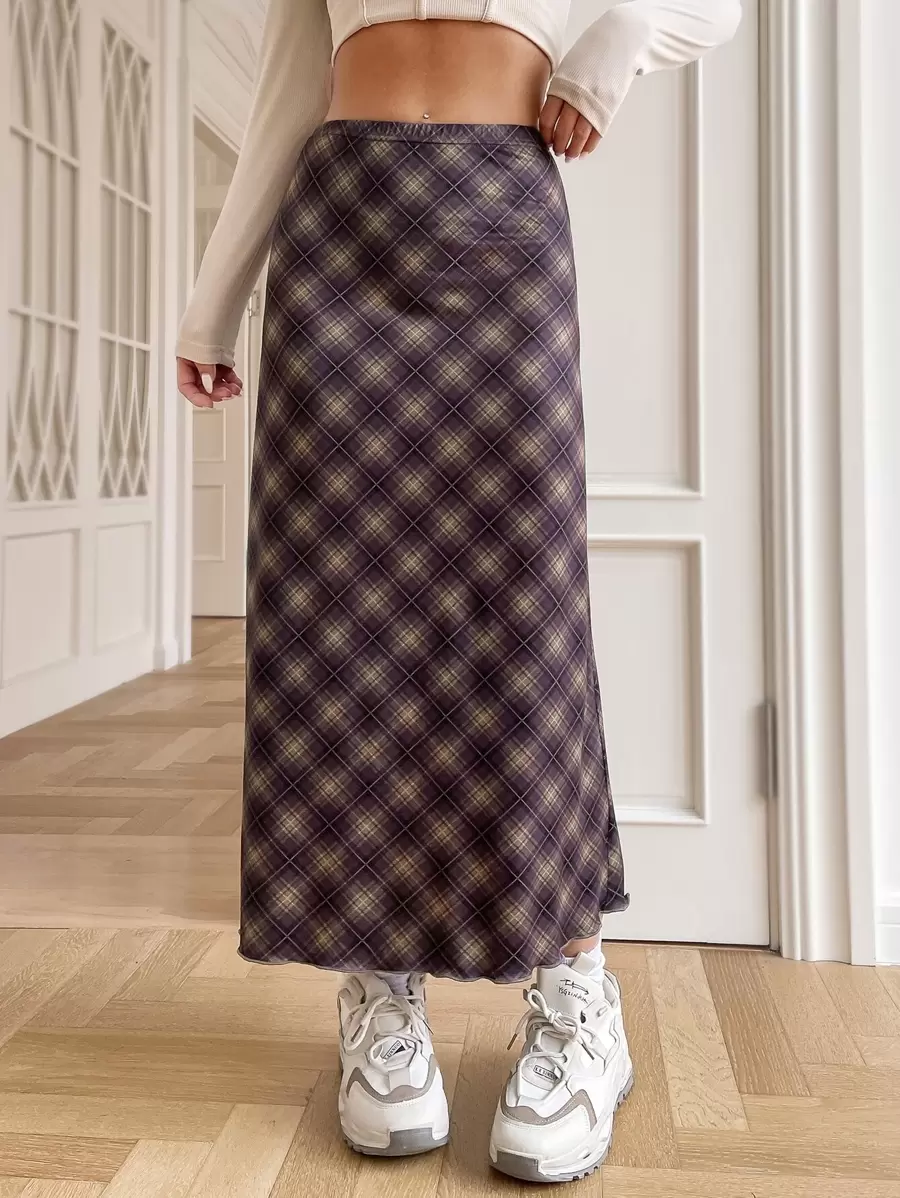 SHEIN EZwear Plaid Print Elastic Waist Skirt - Multicolor - View 1