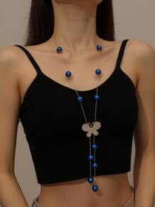 1入組新款歐美時尚多用途套頭毛衣鏈條長項鍊 - 藍色 - 查看 1