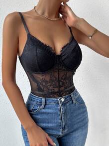 SHEIN SXY Body de tirantes panel con malla con encaje - Negro - Ver 4