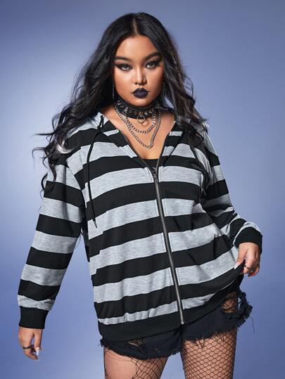 Grunge Punk Plus Striped Zip Up Drawstring Hoodie