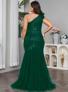 Vestido de vestir de un hombro panel con malla con lentejuelas - Verde Oscuro - Ver 2