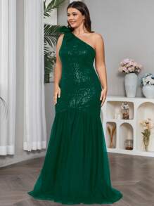 Vestido de vestir de un hombro panel con malla con lentejuelas - Verde Oscuro - Ver 3