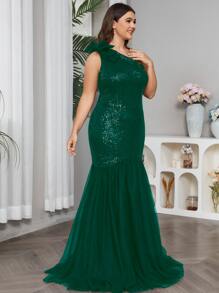 Vestido de vestir de un hombro panel con malla con lentejuelas - Verde Oscuro - Ver 5