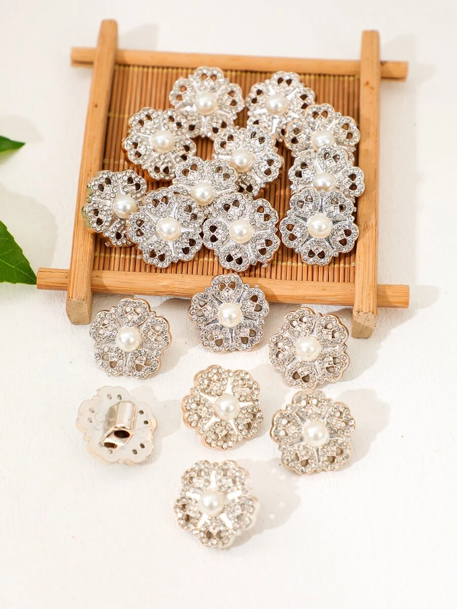 10入組水鑽和珍珠花朵設計DIY鈕扣 - 金色 - 查看 1