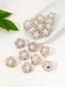 10入組水鑽和珍珠花朵設計DIY鈕扣 - 金色 - 查看 2