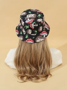 1入組中性蘑菇和刺蝟圖案兩面可戴可愛漁夫帽適用於戶外 - 彩色 - 查看 3