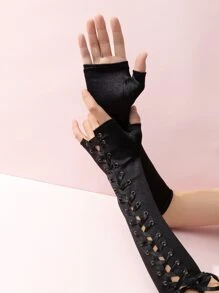 Grommet Lace Up Fingerless Gloves - Black - View 2