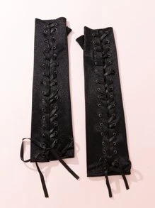 Grommet Lace Up Fingerless Gloves - Black - View 3