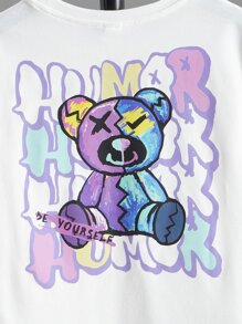 SHEIN Leap Crew 適合青少年男孩夏季的圓領短袖休閒大T卹，印有熊及字母圖案 - 白色 - 查看 4