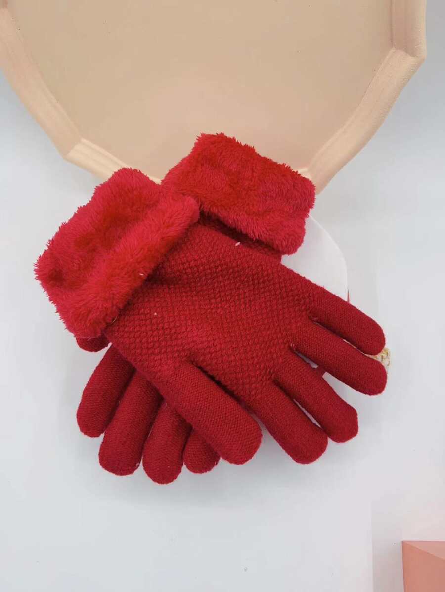 Solid Plush Lined Gloves - Red - View 1