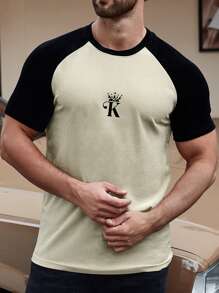 Manfinity 男士王冠和字母圖案插肩袖T恤 - 卡其色 - 查看 1