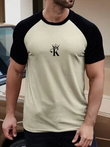 Manfinity 男士王冠和字母圖案插肩袖T恤 - 卡其色 - 查看 6